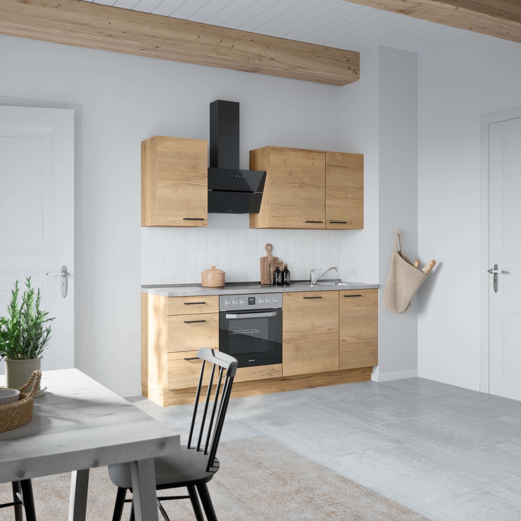 küchenzeile braun, grau mit Backofen, Herd, Dunstabzugshaube, Waschbecken, Armatur nobilia structura