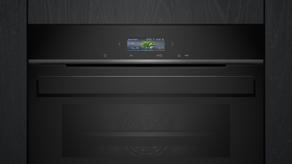 Schwarzer Einbauofen mit integriertem Display und Touch-Bedienfeld