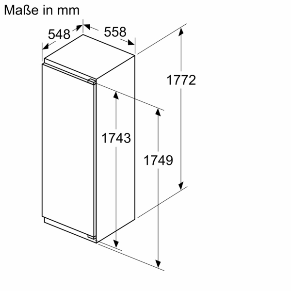 Technische Zeichnung eines Kühlschranks mit den Abmessungen 548 mm Breite, 558 mm Tiefe und 1772 mm Höhe. Zusätzliche Maße sind 1743 mm und 1749 mm in der Höhe angegeben.