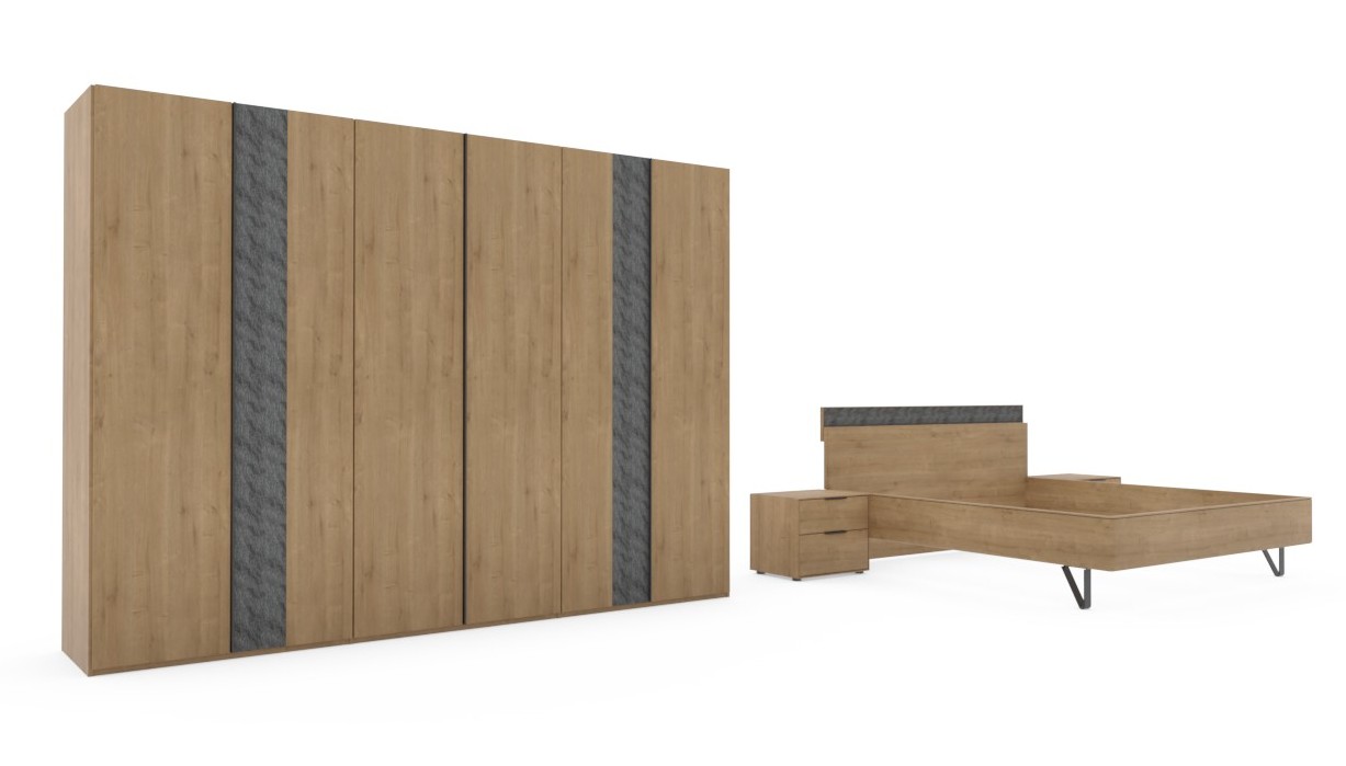 brauner Schrank mit zwei grauen Streifen und Bett mit zwei Konsolen vor weißem Hintergrund