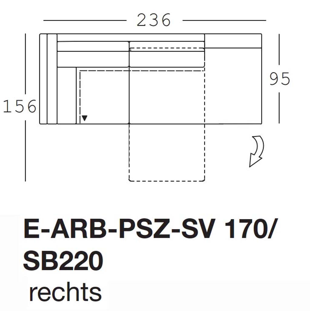 Maßzeichnung eines Sofaelements vor weißem Hintergrund freistil Rolf Benz 170