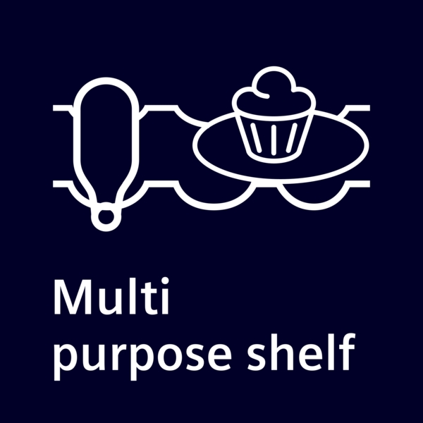 Grafik eines Regals mit Flaschen und Cupcake, mit der Aufschrift 'Multipurpose shelf'.