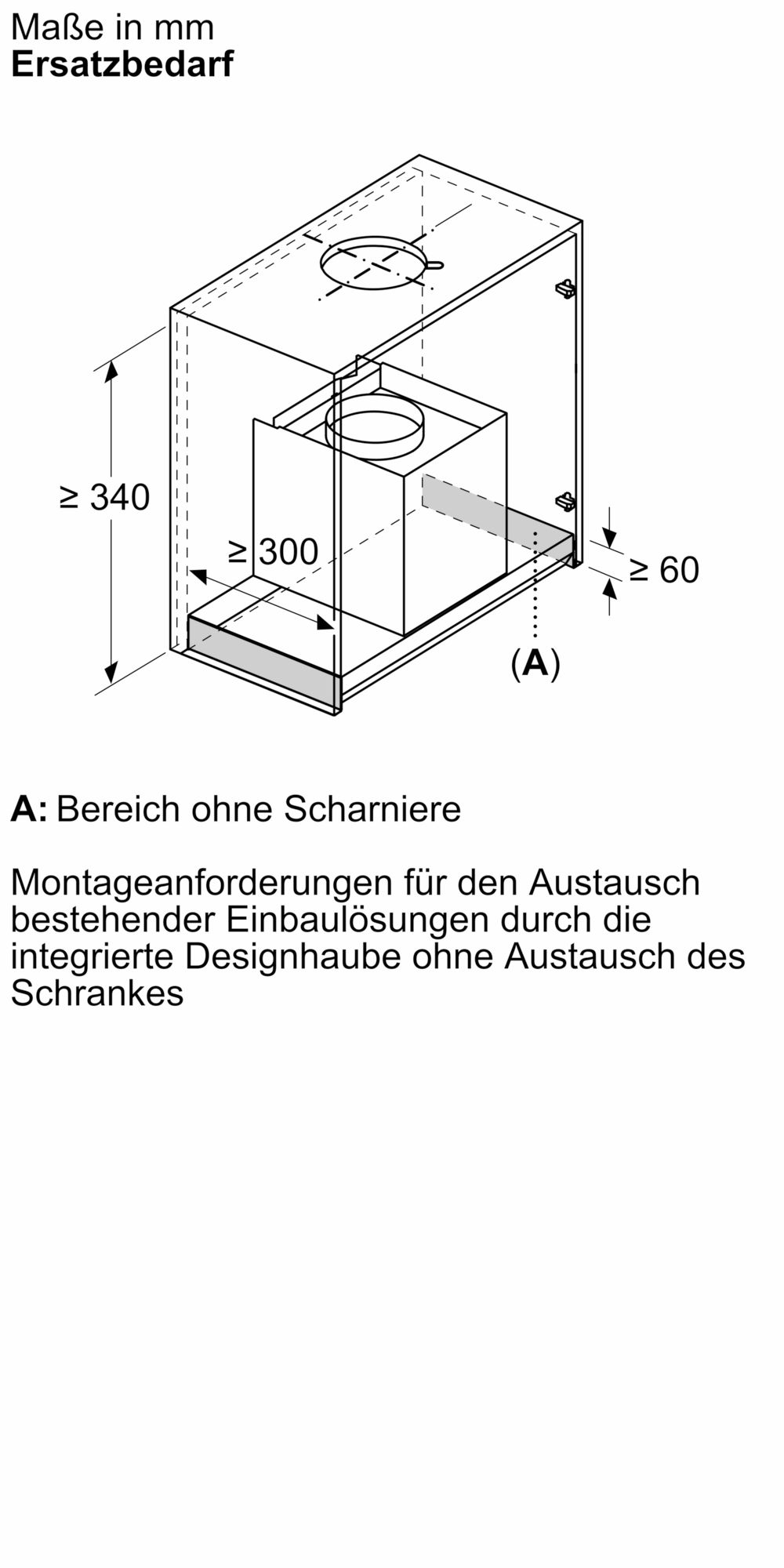 Maßzeichnung zur Illustration der Montageanforderungen beim Austausch einer bestehenden Dunstabzugshaube durch das neue Design, ohne den gesamten Schrank ersetzen zu müssen.