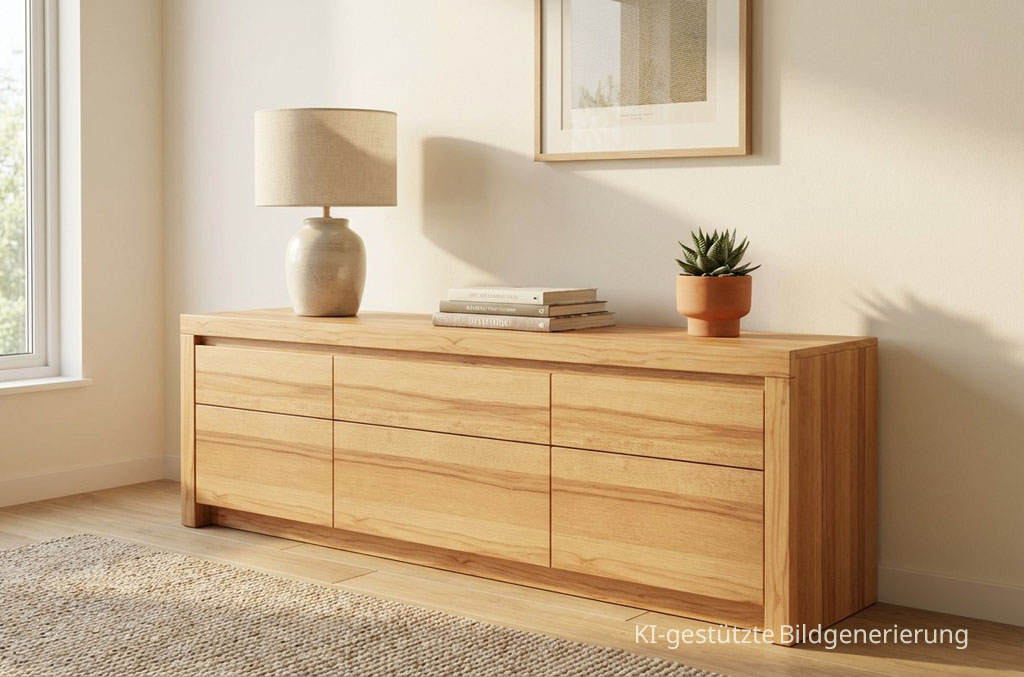 braunes Lowboard stilvoll dekoriert in einem modernen Zimmer, Bild KI generiert