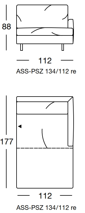 Maßzeichnung eines Sofaelement vor weißem Hintergrund freistil Rolf Benz 134 