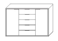 Illustration einer Kommode mit zwei Drehtüren und fünf Schubladen vor weißem Hintergrund