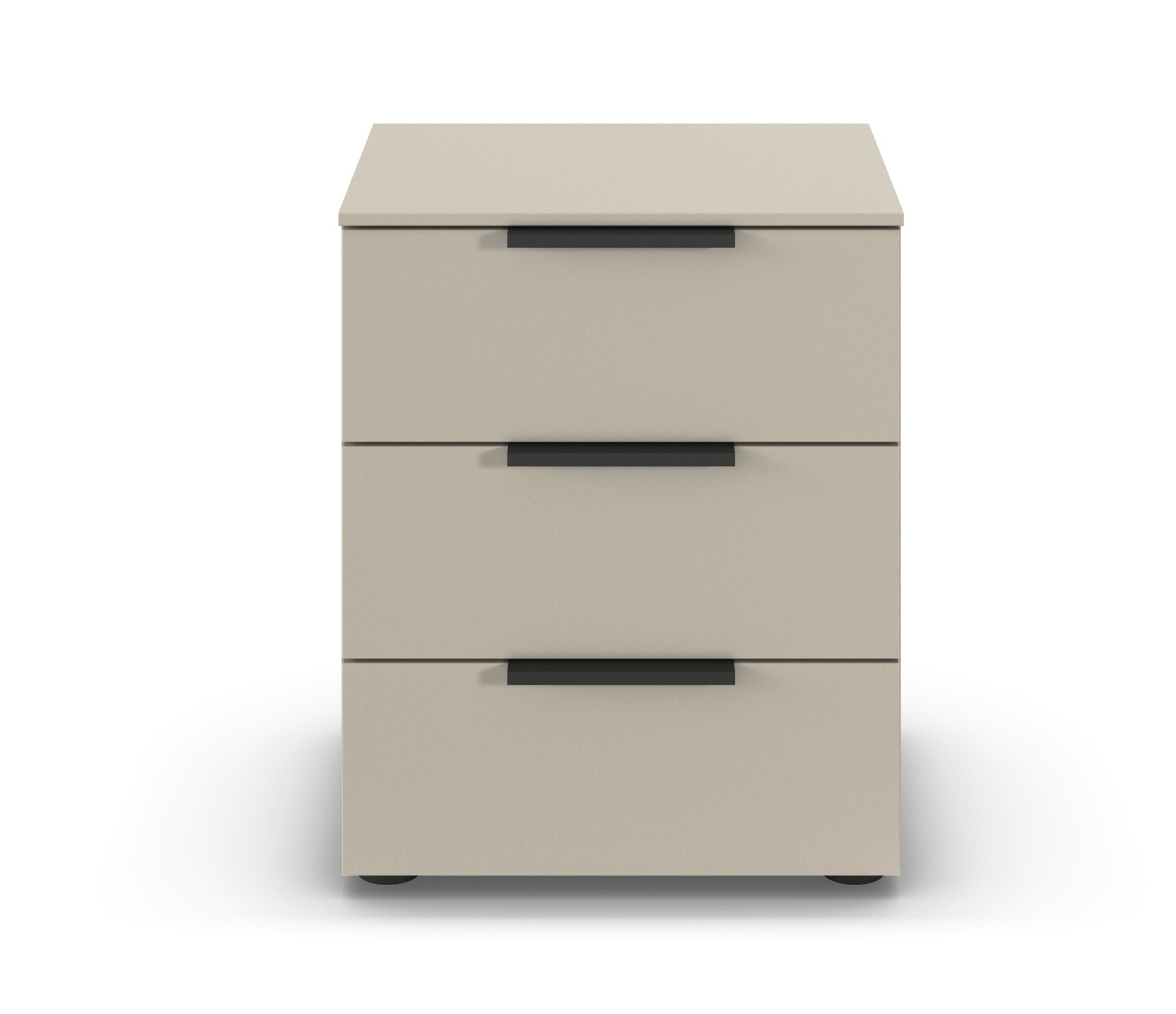 grauer Nachttisch mit drei Schubladen vor weißem Hintergrund