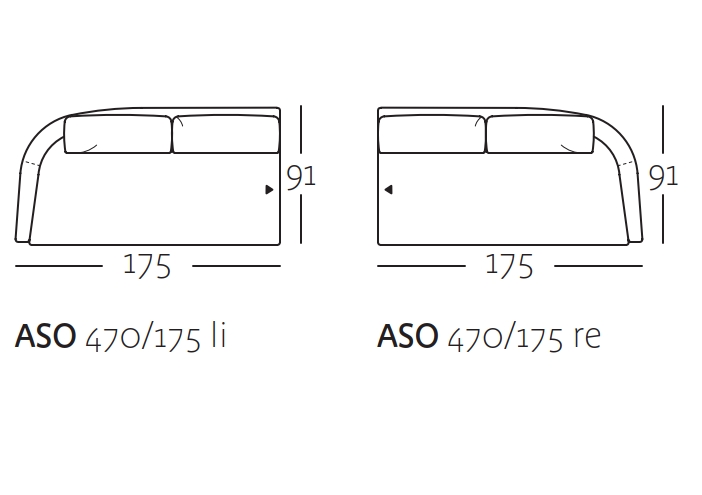 Schematische Illustration der Sofa-Anordnung ASO 470/175 links und rechts mit Maßen