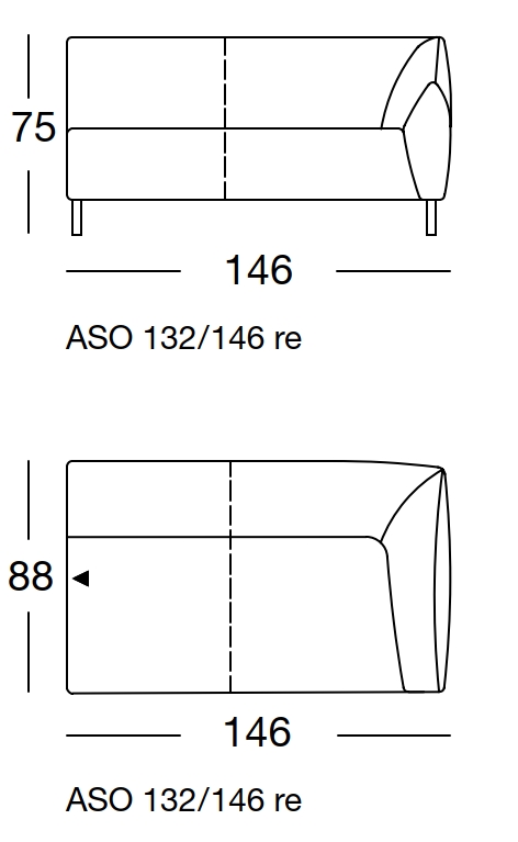 Maßzeichnung eines Sofaelements vor weißem Hintergrund freistil Rolf Benz 132