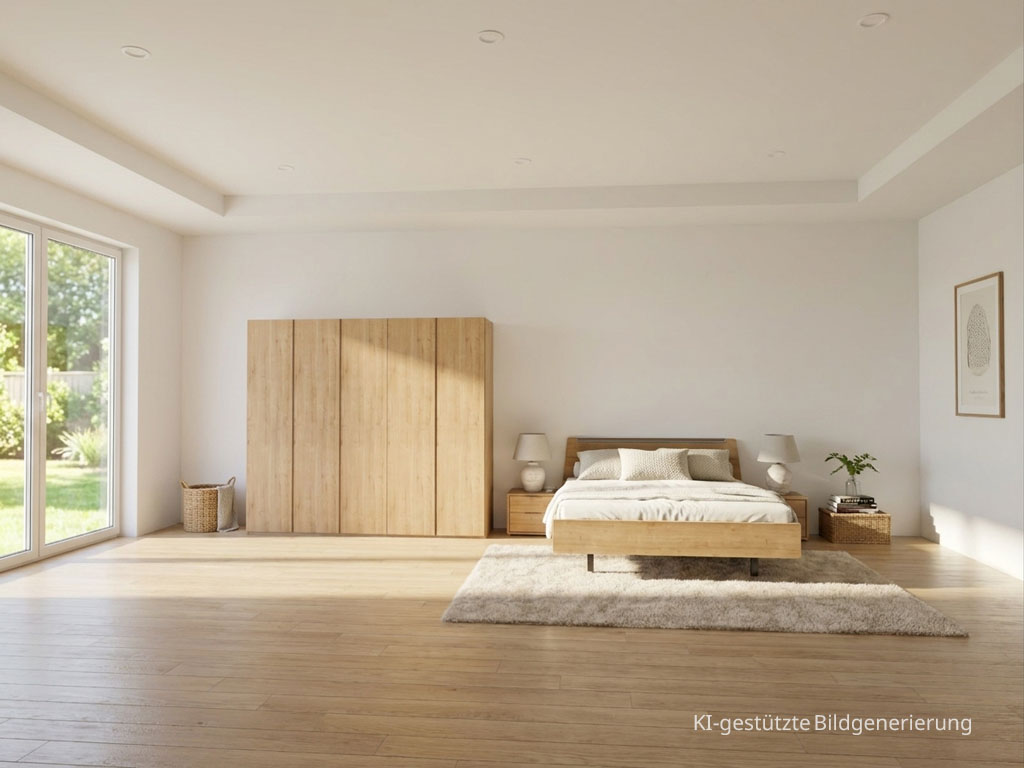 Modernes braunes Schlafzimmer mit einem fünftürigen Kleiderschrank, Doppelbett und zwei Konsolen stilvoll dekoriert in einem modernen Zimmer generiert, Bild KI-generiert
