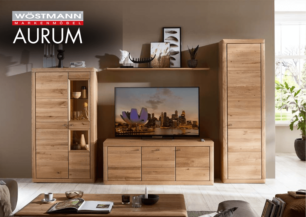 Massivholz Wohnwand aus Lowboard Zeilenschrank und Highboard Vitrine