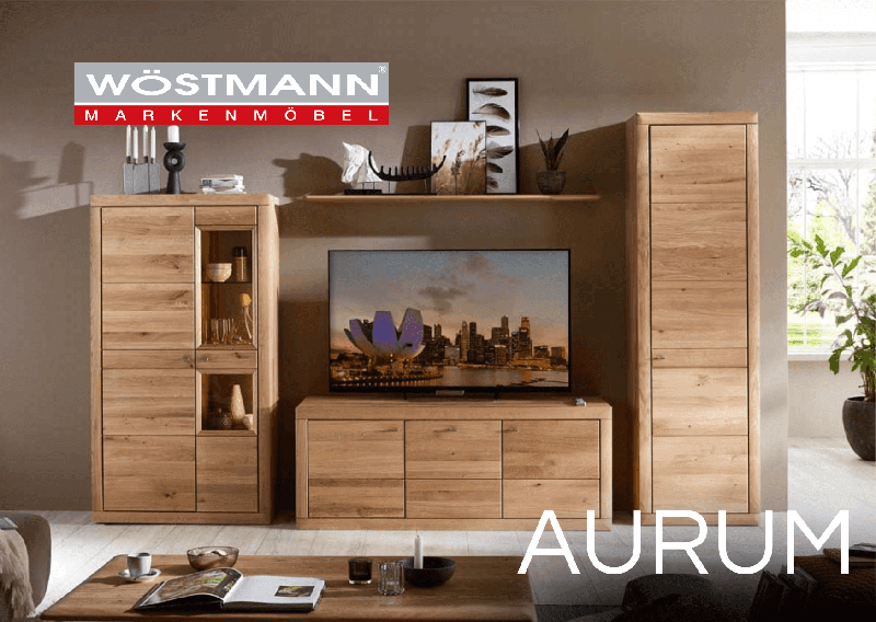 Massivholz Wohnwand aus Lowboard Zeilenschrank und Highboard Vitrine
