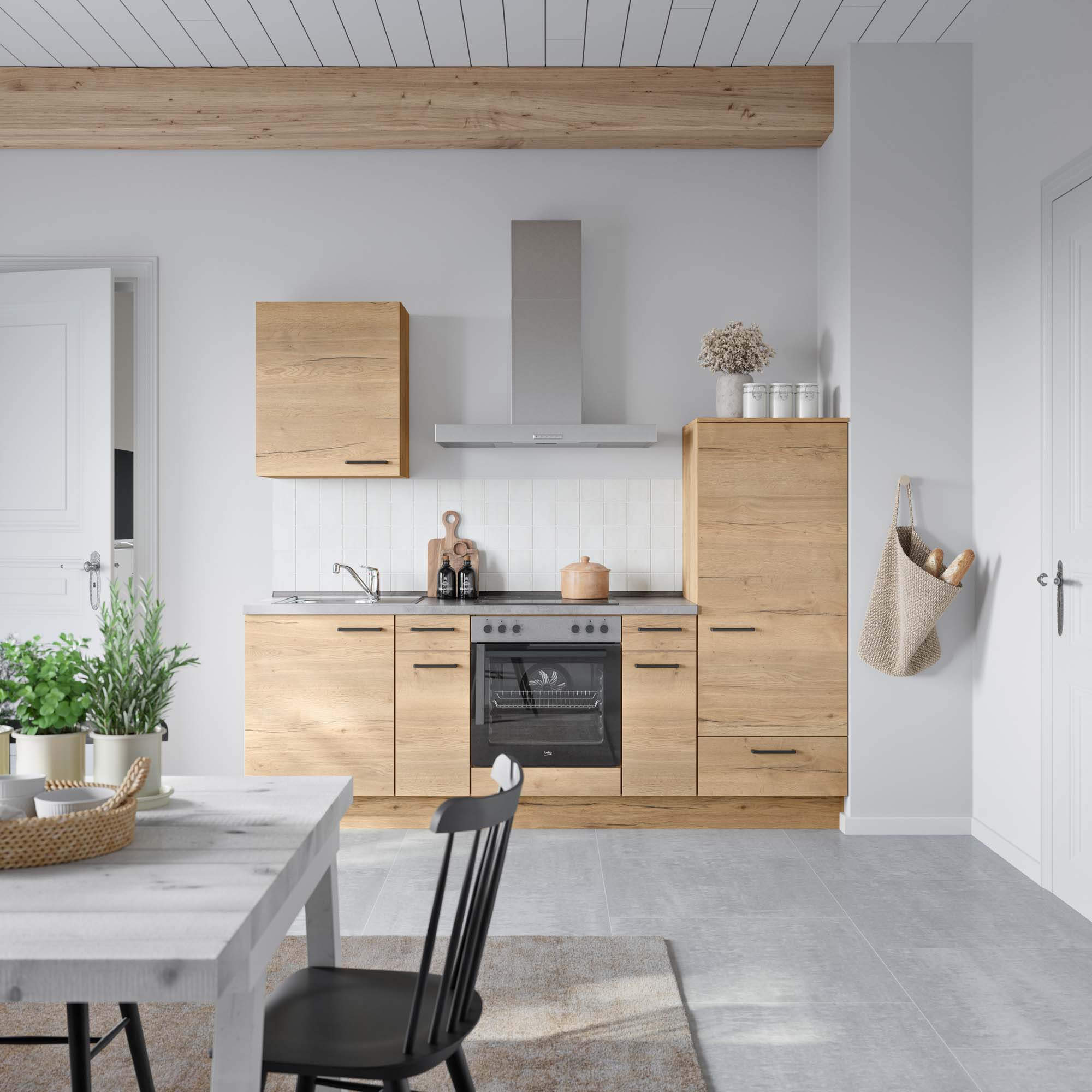 küchenzeile braun, grau mit Backofen, Herd, Dunstabzugshaube, Waschbecken, Armatur nobilia structura