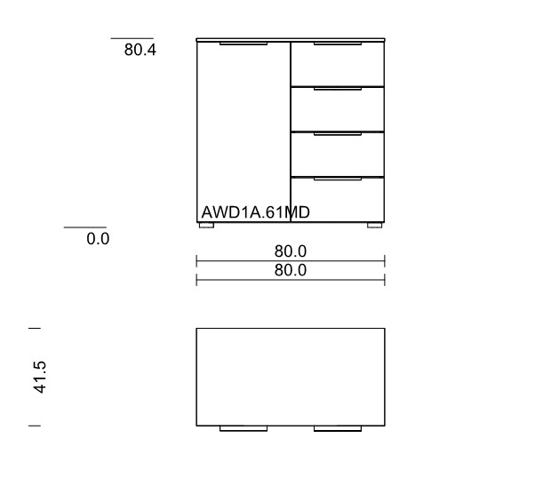 Maßzeichnung einer Kommode mit einer Tür und vier Schubladen vor weißem Hintergrund