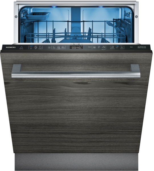 Siemens studioLine - Vollintegrierter Geschirrspüler iQ500 (60 cm) INKL. 5 JAHRE GARANTIE | varioScharnier | SN75Z802BE Offener Geschirrspüler mit Oberkorb und moderner Holzverkleidung