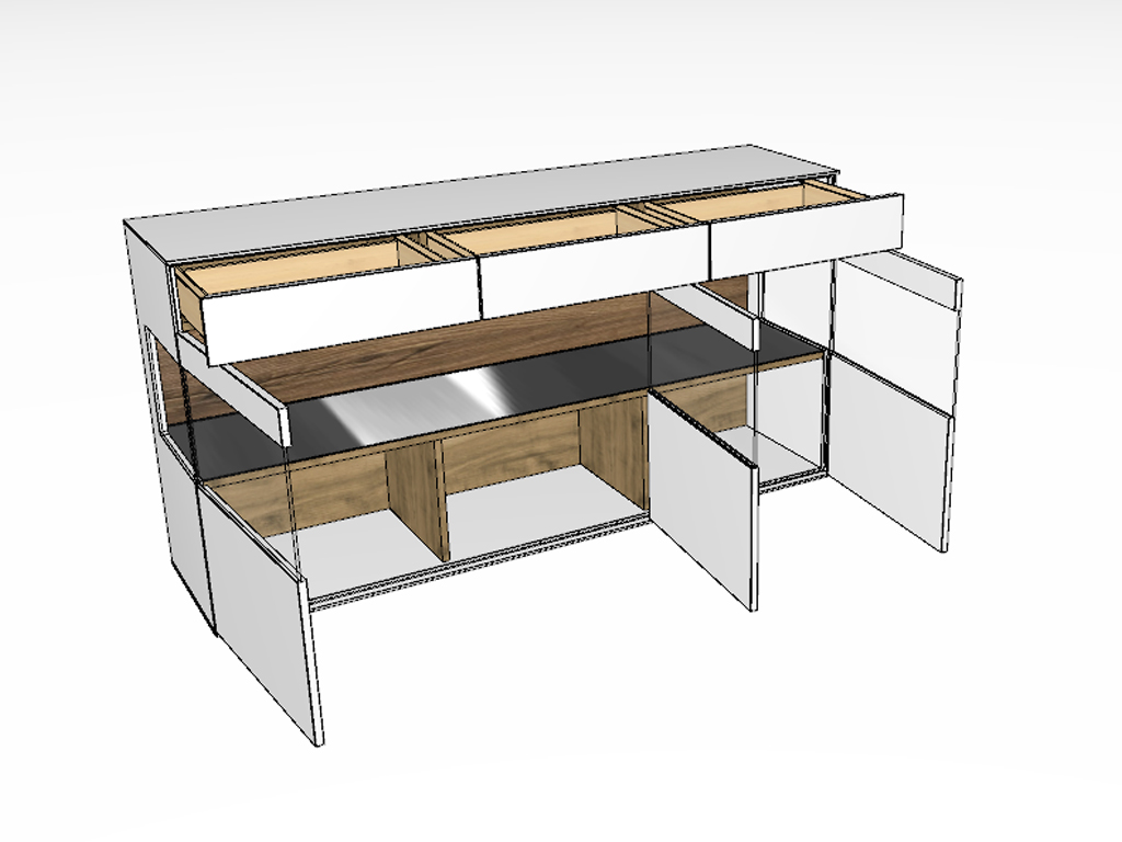  Eine 3D-Skizze oder ein Rendering des Hartmann Torido Sideboards 4171, das die Innenansicht des Schranks mit geöffneten Schubladen und Türen zeigt, wodurch die Holzfächer sichtbar werden.