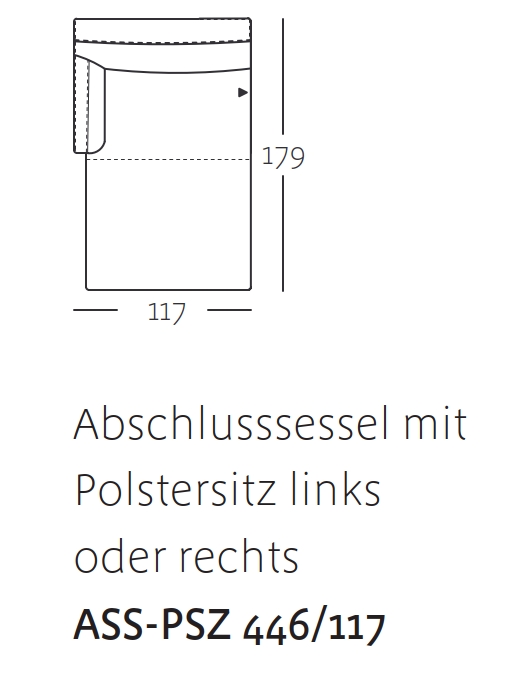 Technische Zeichnung eines Abschlusssessels mit Polstersitz, links oder rechts platzierbar, Modell ASS-PSZ 446/117 mit den Maßen 117x179 cm