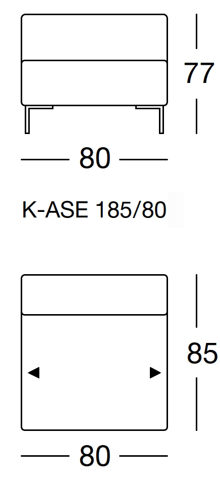 Maßzeichnung eines Sofaelements vor weißem Hintergrund freistil Rolf Benz 185