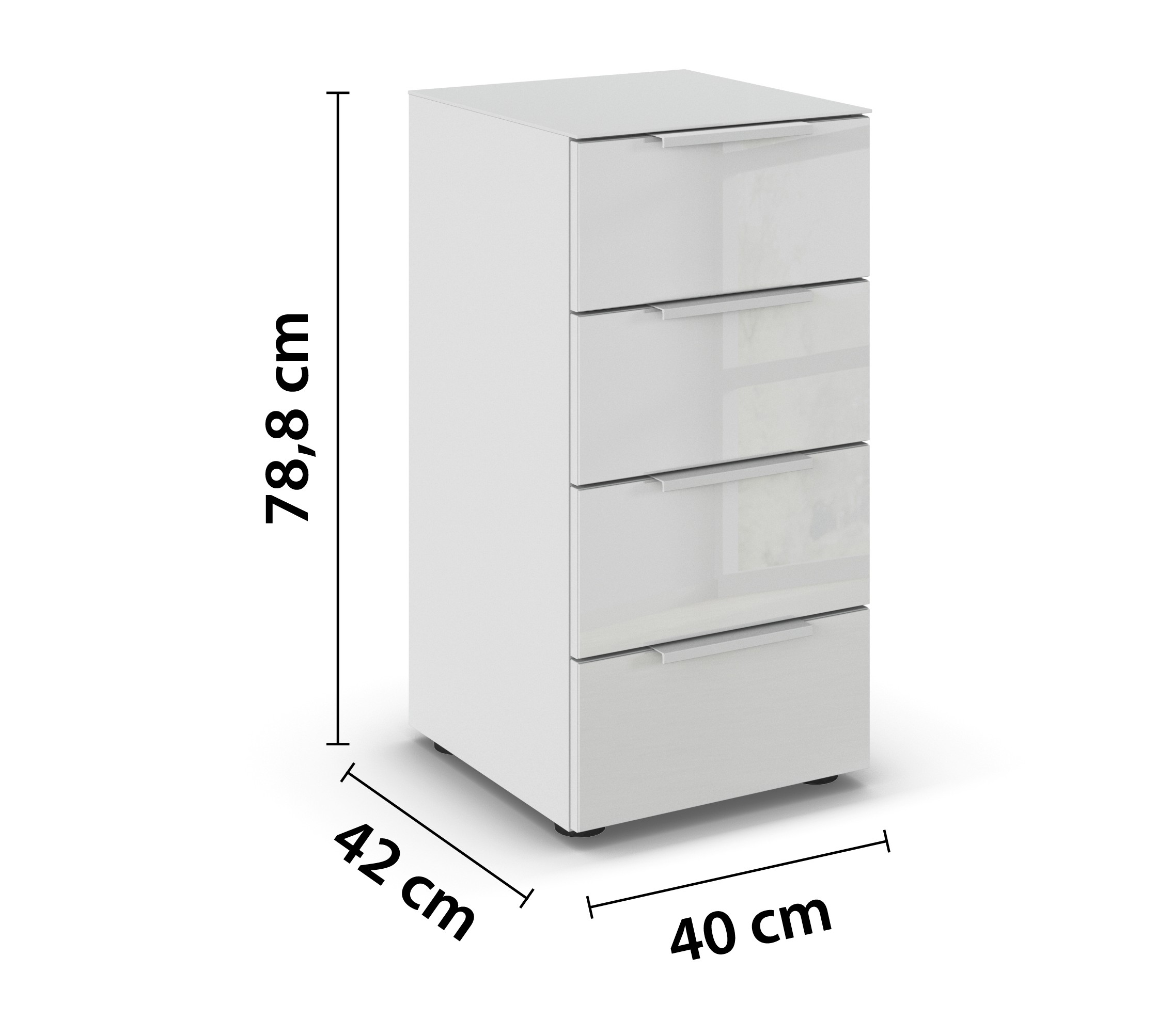 weißer Nachttisch mit vier Schubladen und Bemaßung vor weißem Hintergrund