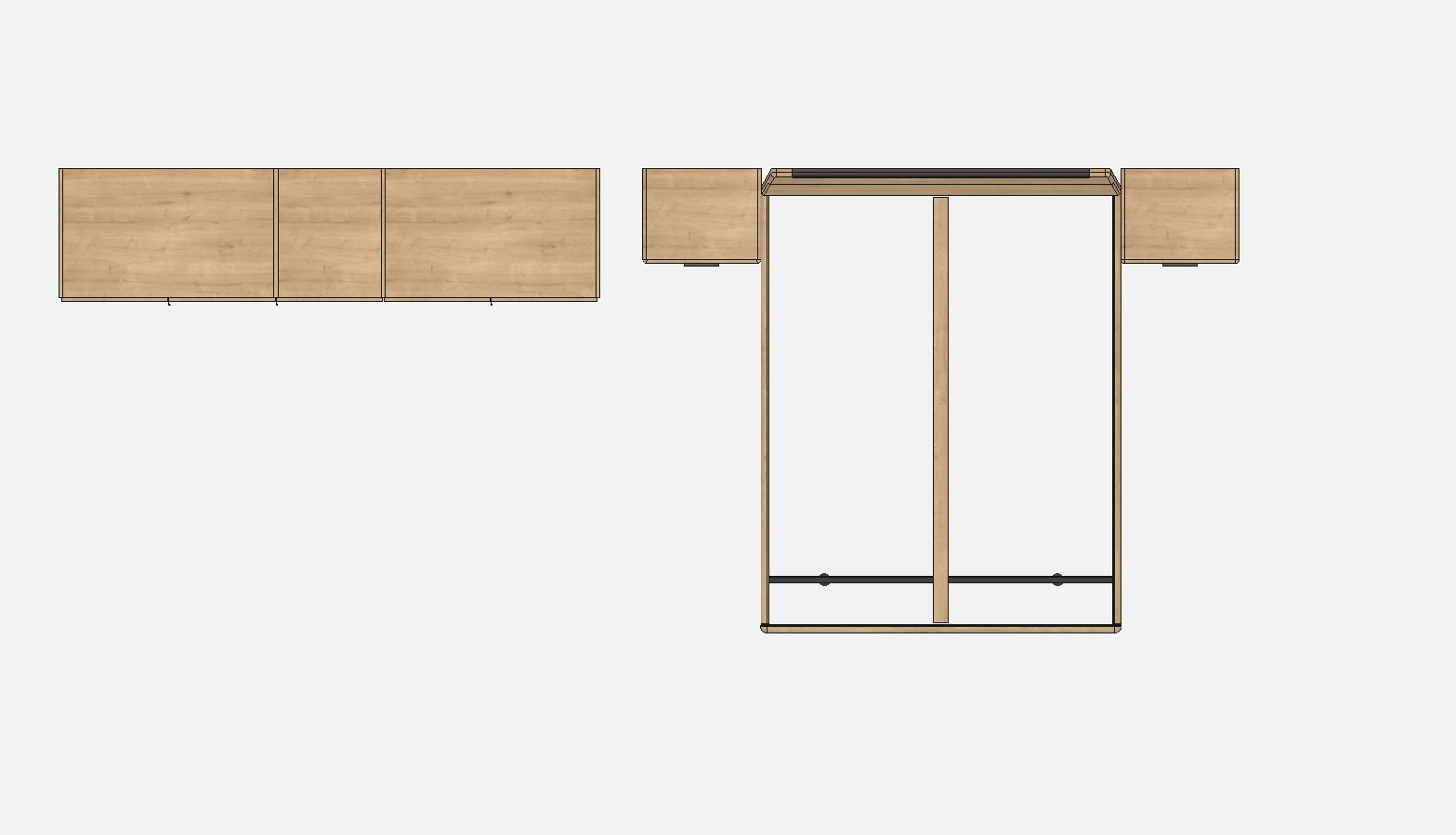 brauner fünftüriger Schrank und Bett mit zwei Konsolen Ansicht von oben vor weißem Hintergrund