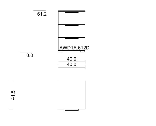 Maßzeichnung eines Nachttisches mit drei  Schubladen vor weißem Hintergrund