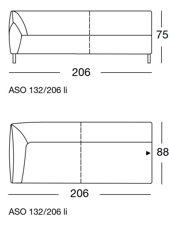 Maßzeichnung eines Sofaelements vor weißem Hintergrund freistil Rolf Benz 132