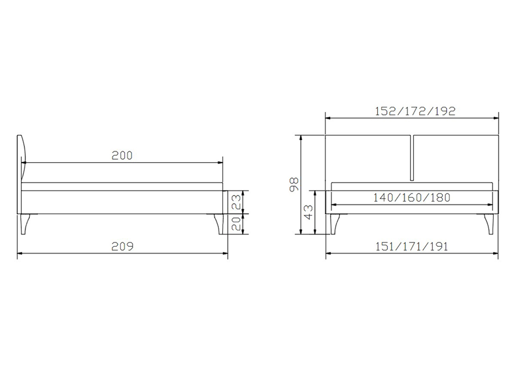 Eine schematische Zeichnung des Bettes von der Seite und von vorne, mit Maßangaben für eine Bettkastenhöhe von 20 cm.