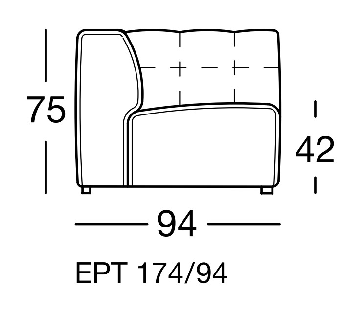 Maßzeichnung eines Sofaelements vor weißem Hintergrund