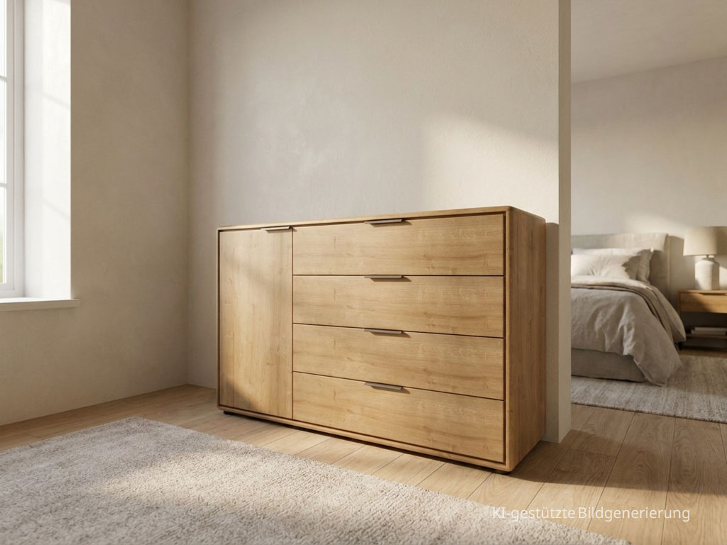 Moderne braune Kommode mit einer Tür und vier Schubladen stilvoll dekoriert in einem modernen Zimmer, Bild KI generiert