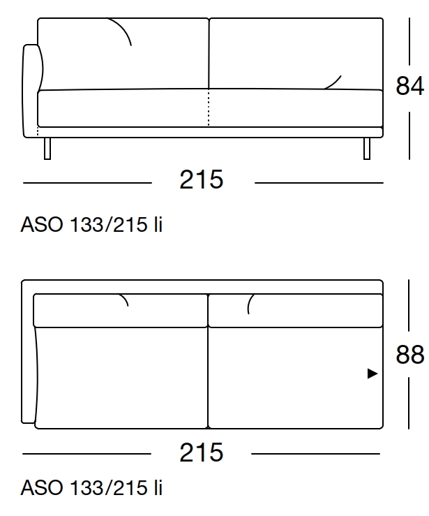 Maßzeichnung eines Sofaelements vor weißem Hintergrund freistil Rolf Benz 133