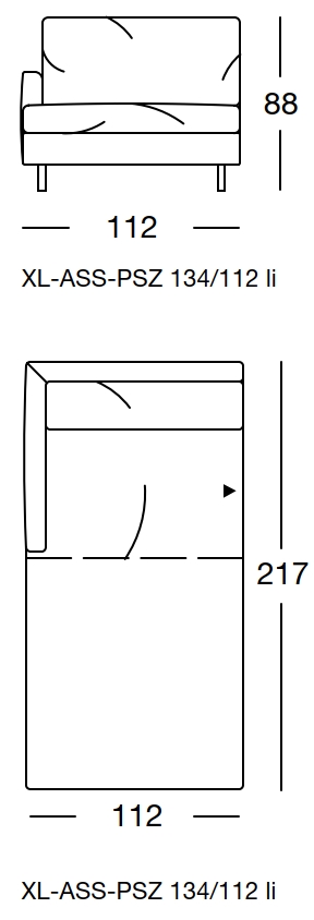Maßzeichnung eines Sofaelement vor weißem Hintergrund freistil Rolf Benz 134