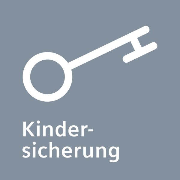 Grafik eines Schlüssels mit dem Wort 'Kindersicherung' darunter auf grauem Hintergrund