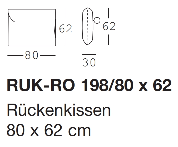 Technische Zeichnung eines Rückenkissens RUK-RO 198/80 x 62, Maße 80 x 62 cm mit Seitenprofil von 30 cm