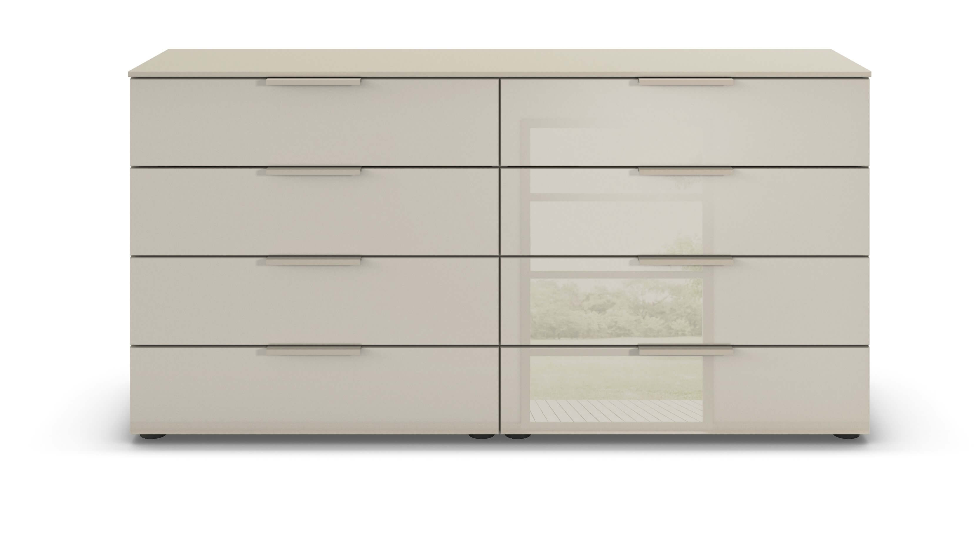 graue Kommode mit acht Schubladen vor weißem Hintergrund