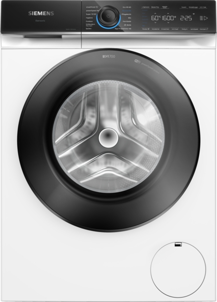 Siemens - Waschmaschine iQ700 | Frontlader 9 kg | 1600 U/min. | WG46B2070 Frontansicht einer Siemens Waschmaschine mit großem Bullauge und digitalem Display für präzise Steuerung