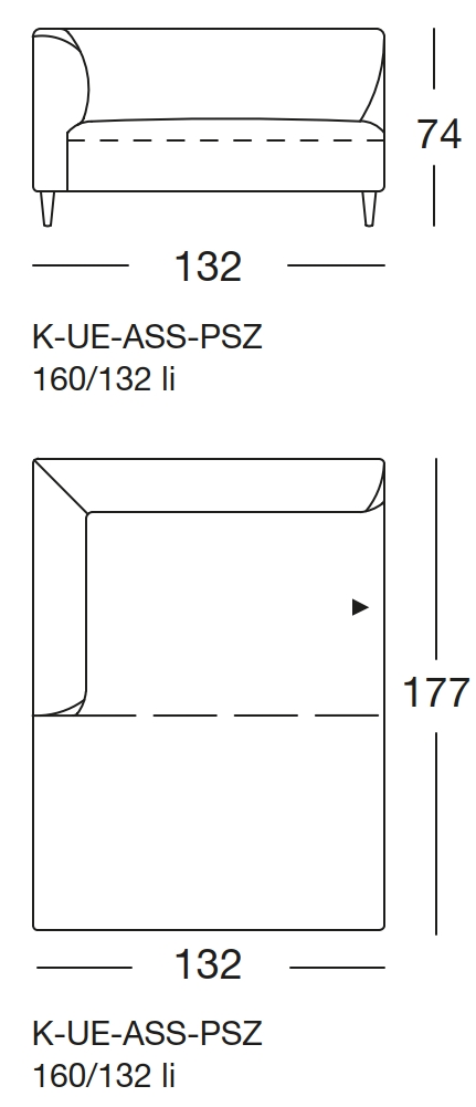 Maßzeichnung eines Sofaelements vor weißem Hintergrund freistil Rolf Benz 160