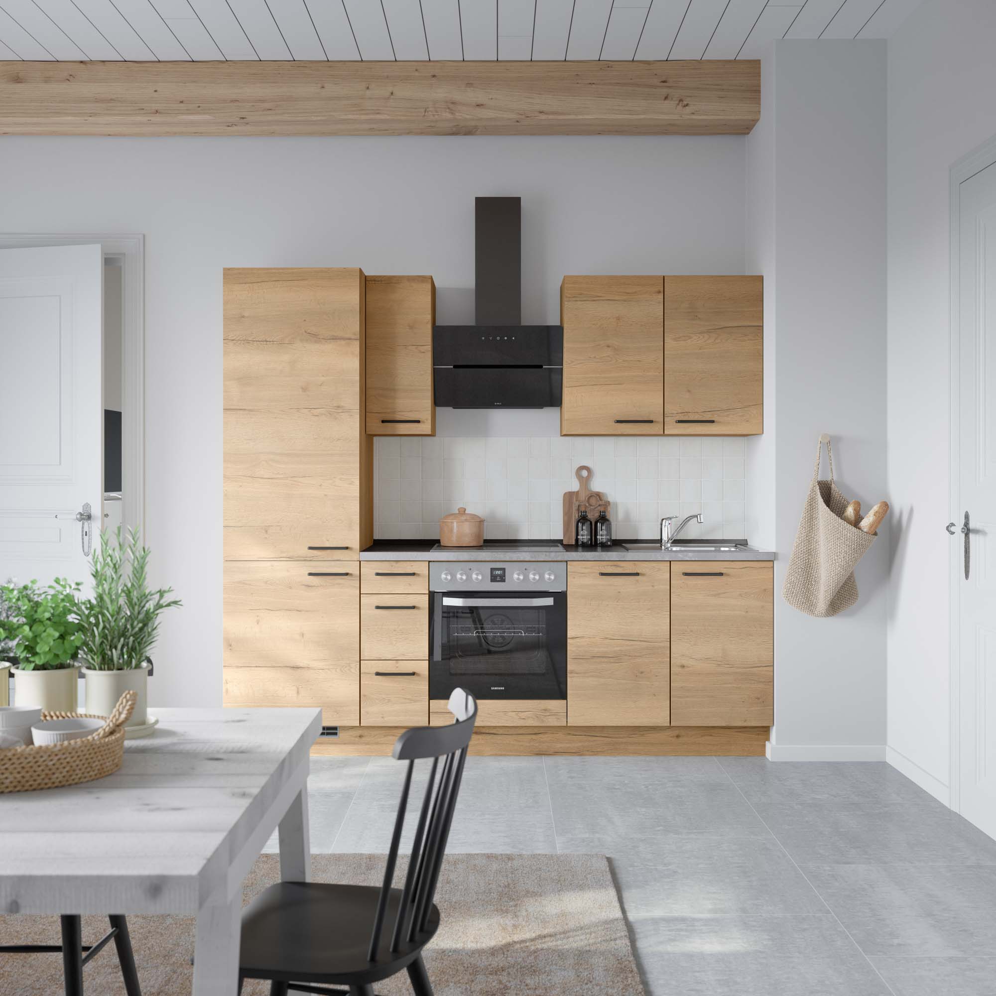 küchenzeile braun, grau mit Backofen, Herd, Dunstabzugshaube, Waschbecken, Armatur nobilia structura
