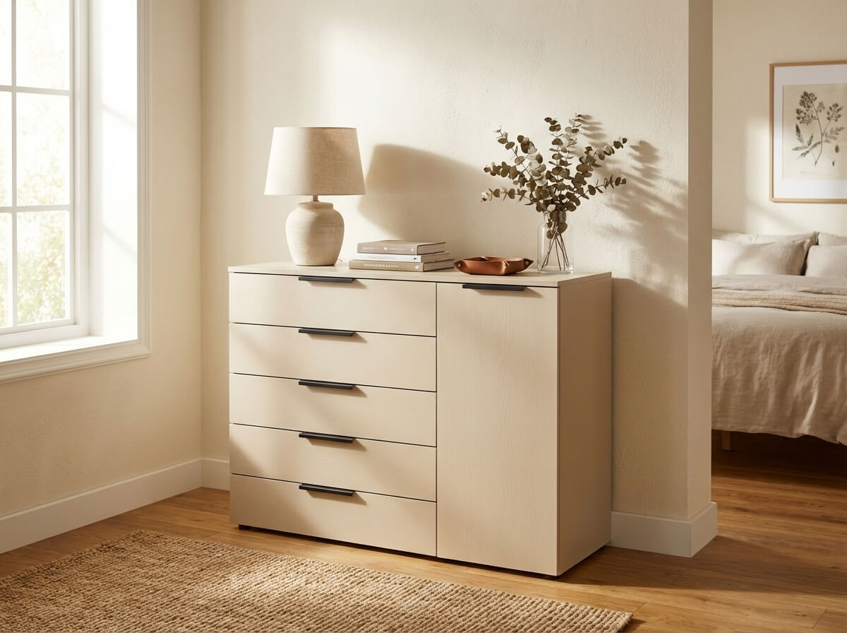 beige kommode mit fünf schubladen und einer drehtür stilvoll dekoriert in einem hellen freundlichen raum