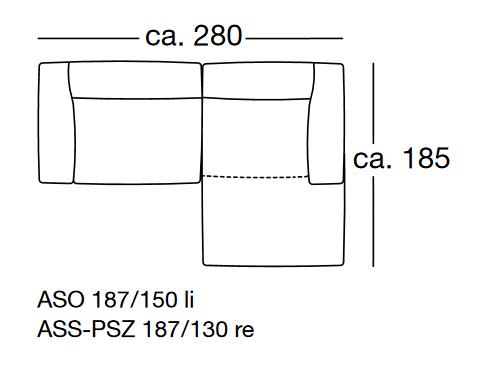 Schnittzeichnung einer Eckcouch mit den Maßen ca. 280 cm Breite und ca. 185 cm Tiefe sowie den Bezeichnungen ASO 187/150 li und ASS-PSZ 187/130 re