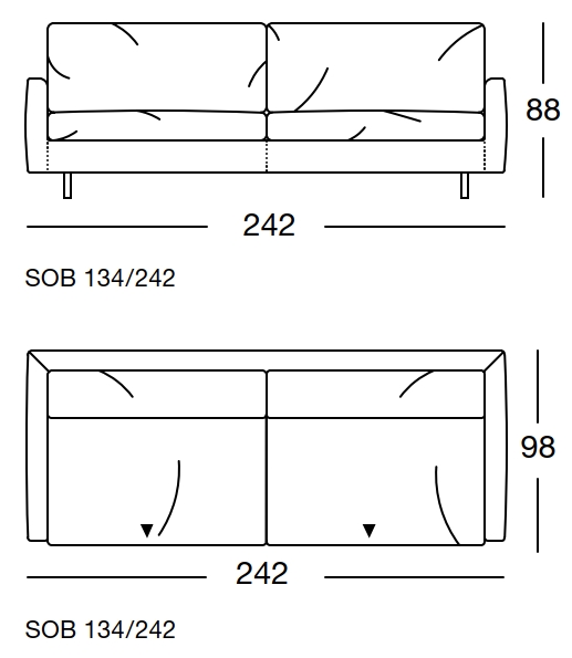 Maßzeichnung eines Sofaelement vor weißem Hintergrund freistil Rolf Benz 134 