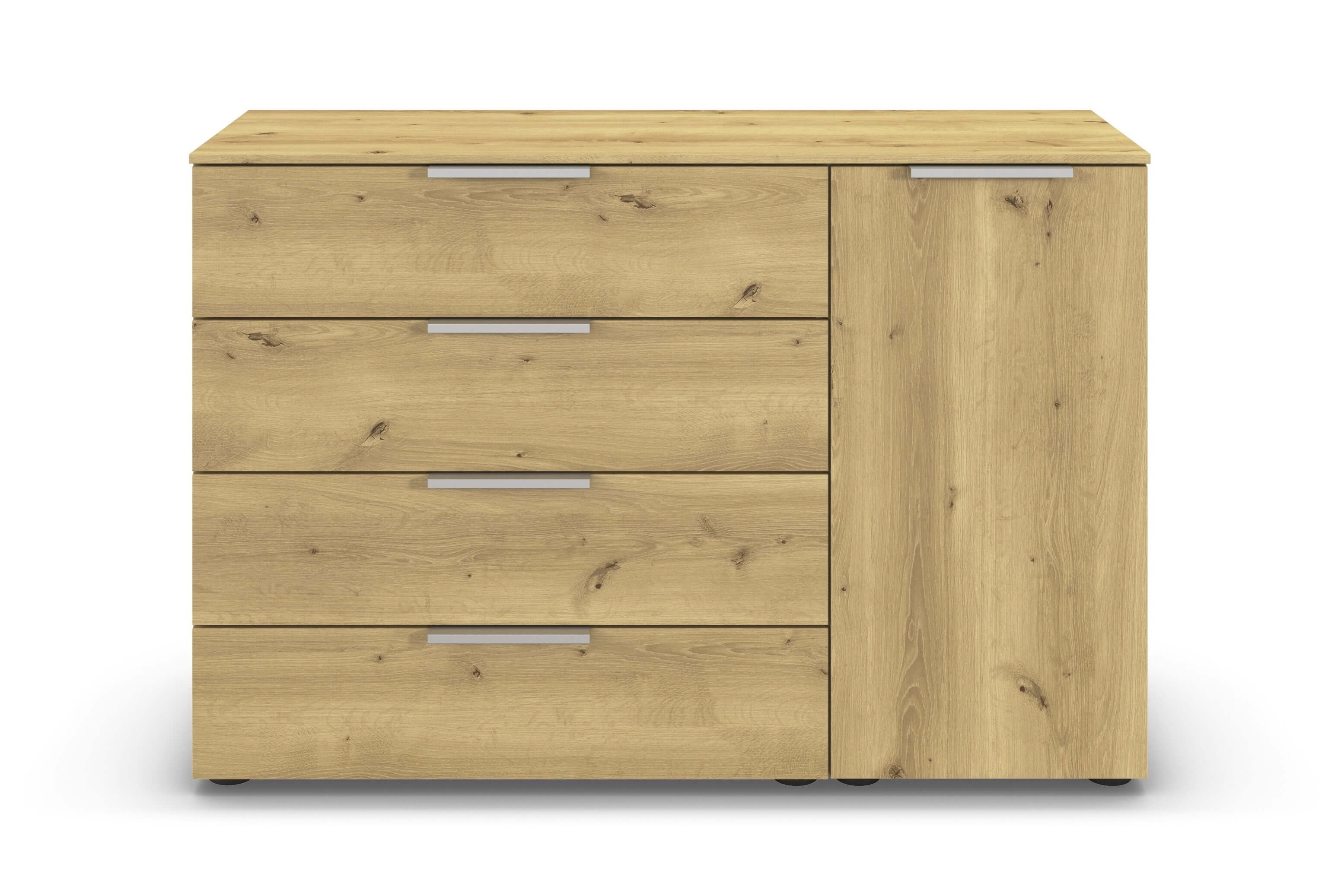 braune Kommode mit vier Schubladen und einer Drehtür vor weißem Hintergrund