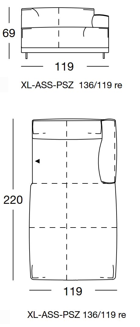 Maßzeichnung eines Sofaelements vor weißem Hintergrund freistil Rolf Benz 136