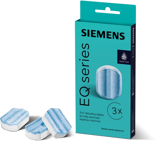 Verpackung mit Siemens EQ Series Entkalkungstabletten, drei Tabletten sichtbar