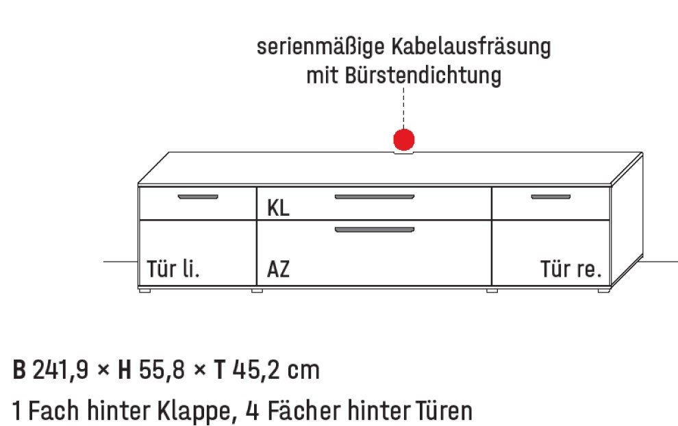 Illustration eines Lowboards mit Maßangabe und Bezeichnung vor weißem Hintergrund