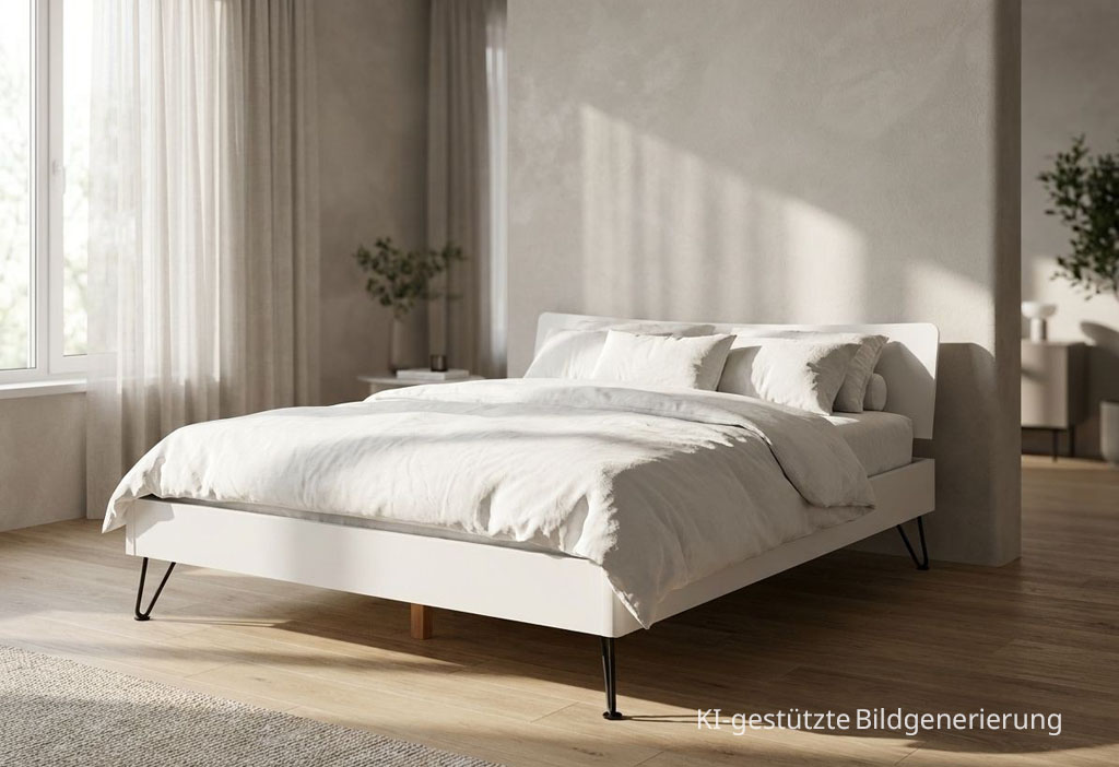 Ein weisses Bett Hasena Locarno, in einem hellen Schlafzimmer mit minimalistischer Dekoration und Haarnadel-Beinen in Anthrazit, KI-gestützte Bildgenerierung