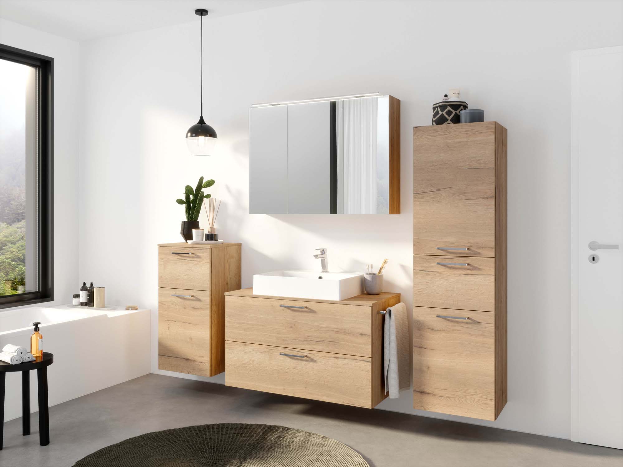 Badezimmermöbel-Set 3 Schränke braun mit Waschtisch und Spiegelschrank nobilia 