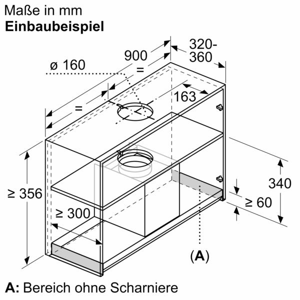 Technische Zeichnung eines Küchenunterschranks mit Einbauhinweisen und genauen Maßangaben in Millimetern, inklusive Angaben zu Durchmesser und Bauraum.