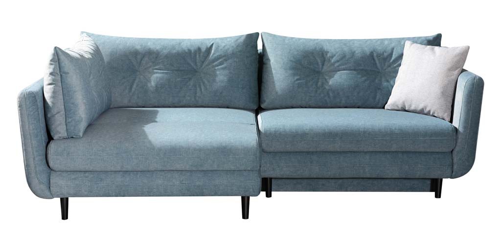 Blaues Zweisitzer-Sofa mit weichen Kissen und modernem Design