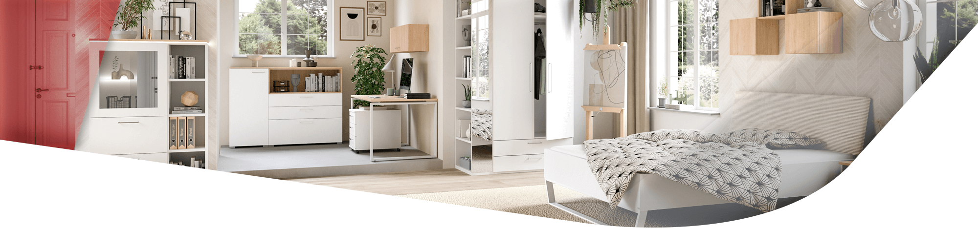 Jugendzimmer mit Röhr-Bush Möbel in den Farben Beige Weiß mit zahlreichen Dekoelementen.