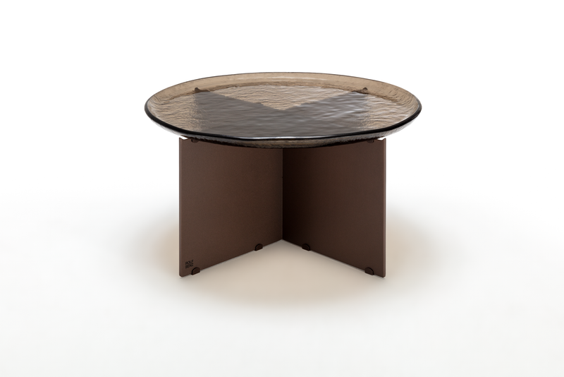 Rolf Benz 970 KIO - Glas-Couchtisch (bronze/Marone) | Ø 60 cm  | Höhe 30 cm brauner Couchtisch, rund. Glastischplatte und Metallgestell massiv in Kreuzanordnung